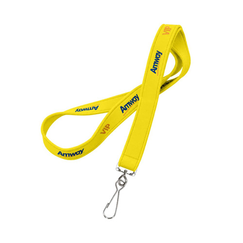 A yellow neoprene lanyard featuring a branded logo and a metal clip at one end.