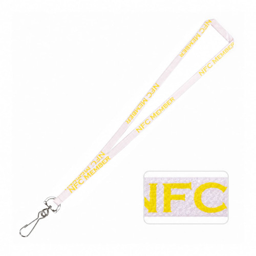 A bamboo lanyard in pale pink and yellow, featuring a logo and a metal clip for attachment.
