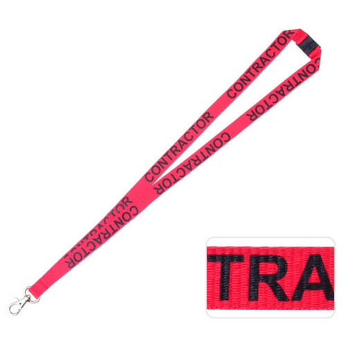 A red lanyard featuring the word "CONTRACTOR" in black, with a metal clip attachment.