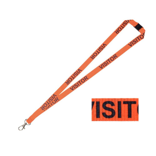 An orange visitor lanyard featuring bold black text and a clip for attaching badges or IDs.
