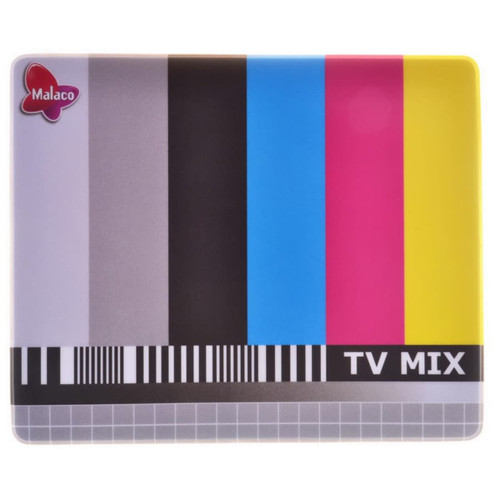 A mouse mat featuring bold stripes in blue, pink, yellow, black, and grey, with a logo in the corner.