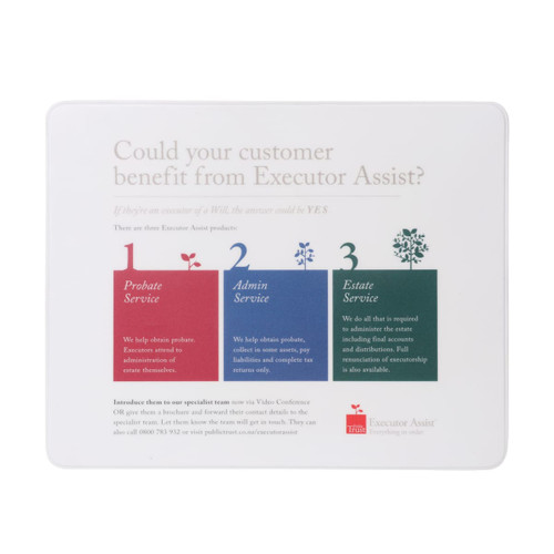 A white mouse mat featuring a smooth surface with a logo and numbered service categories in red, green, and blue.