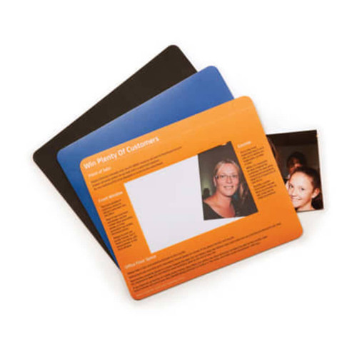 A set of three mouse mats in orange, blue, and black, featuring a space for personalisation and an image.