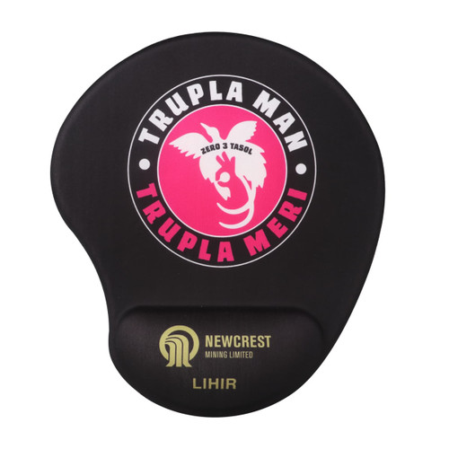 A black gel mouse pad featuring a circular design and a logo with pink accents. It includes branding at the bottom.