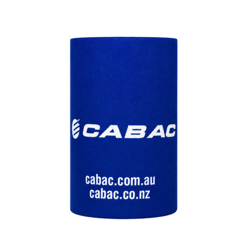 A blue stubby holder featuring a logo, designed to fit standard drink bottles.