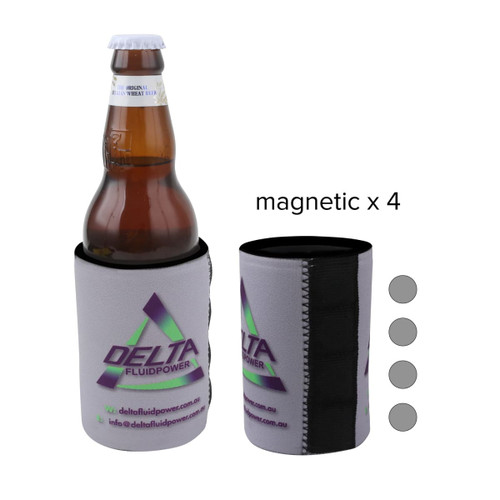 A drink bottle is held in a grey stubby holder with magnets, featuring a logo and a slim design.