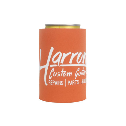 A drink bottle cooler in bright orange featuring a branding logo for a guitar-related product.