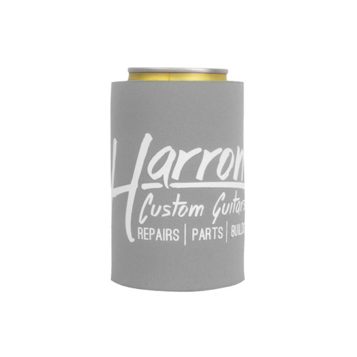 A drink bottle stubby holder in grey with a white logo, designed to fit standard beverage cans.