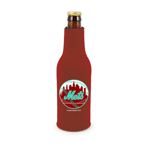 A drink bottle in a red zippered cooler with a logo design. The bottle has a capped top.