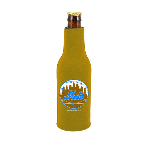 A drink bottle is wrapped in a yellow zippered cooler with a logo and a bottle cap on top.
