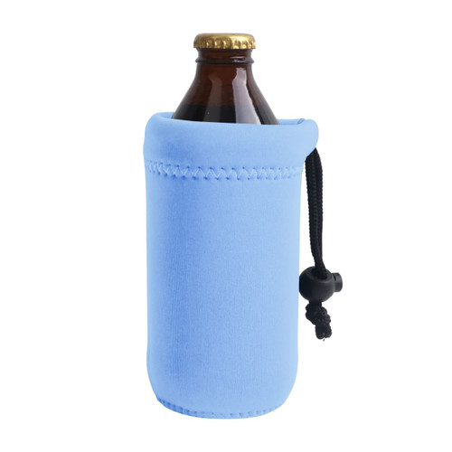 A drink bottle holder in light blue, featuring a soft material and a drawstring closure. It includes a logo.