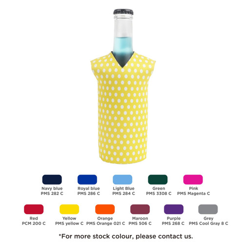 A drink bottle in a yellow polka dot cooler, featuring a V-neck design and displaying various colour options below.