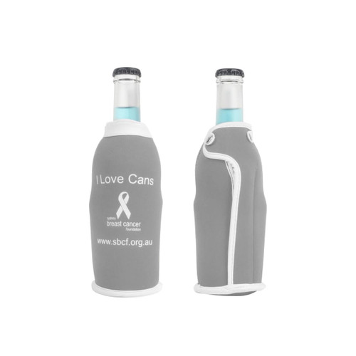 A drink bottle cooler in grey with a white accent and a logo, designed to fit standard bottles.