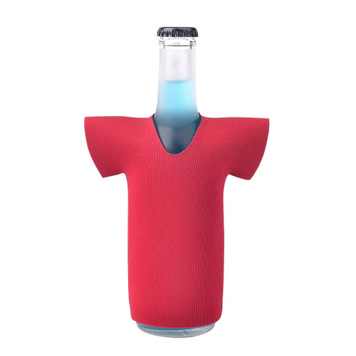 A drink bottle in a red jersey-shaped stubby cooler, designed to fit snugly around the bottle.