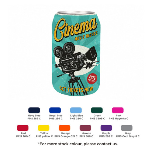 A drink can holder featuring a retro film camera design in vibrant colours, with a logo and various colour options shown below.