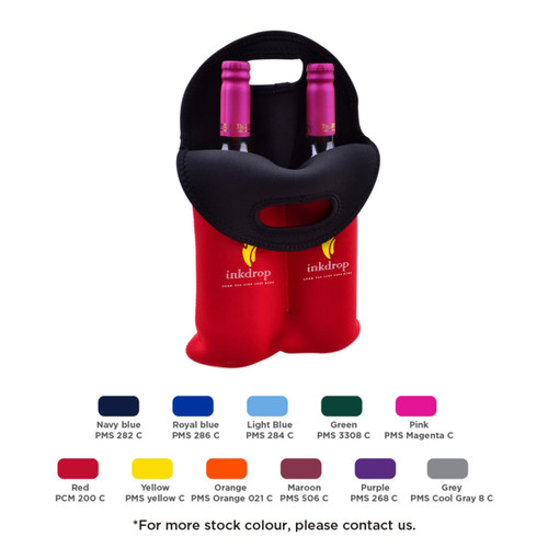 A red twin wine cooler featuring a black handle, designed to hold two drink bottles. It has a logo.