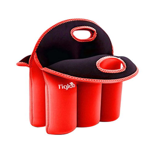 A red and black 6 bottle cooler with padded sections and handles for easy carrying; features a logo.