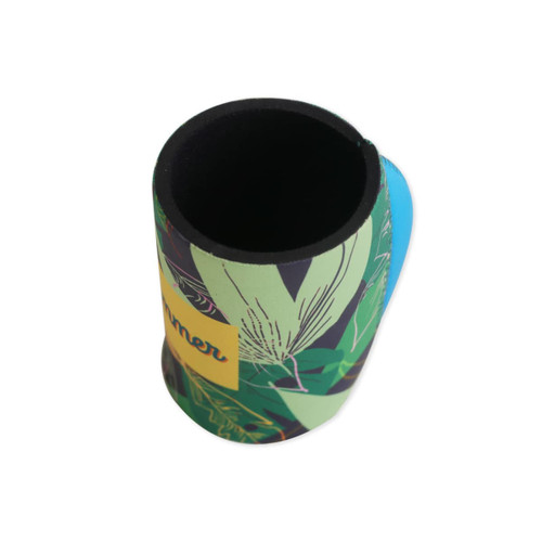 A drink bottle stubby holder with a vibrant green tropical leaf design and a blue handle. It includes a logo.