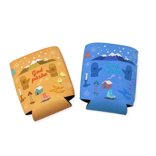 A reversible, foldable stubby holder featuring orange and blue designs with various icons and a logo.