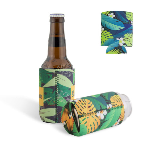 A drink bottle in a green and yellow reversible foldable stubby holder with a tropical leaf design, featuring a logo.