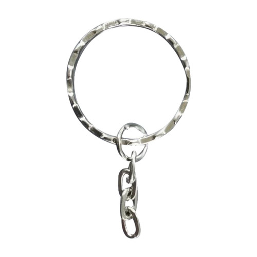 A silver keyring with a textured surface and a small chain attachment.