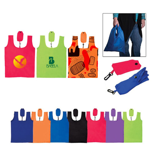 A collection of foldable shopping tote bags in various colours, featuring one with a logo and compact storage pouches.