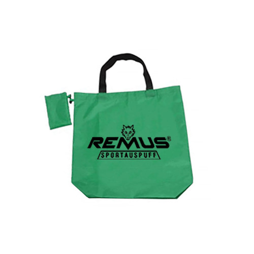 A green foldaway shopping bag with a clip and a smaller pouch, featuring a logo.