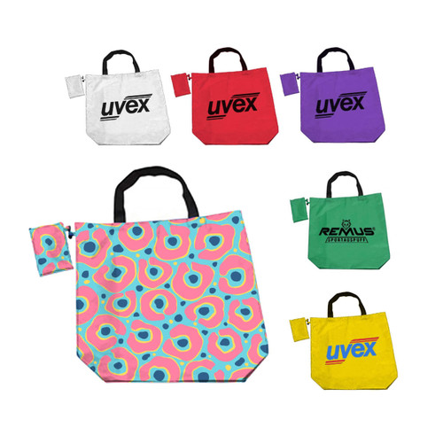 A foldaway shopping bag collection featuring patterns and colours like pink, white, red, purple, and green, with clips.