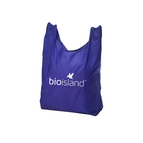 A purple foldaway shopping tote bag featuring a logo, designed for easy storage and transport.