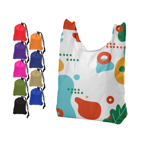 A foldaway shopping tote bag with a colourful abstract design, alongside various solid-coloured drawstring pouches.