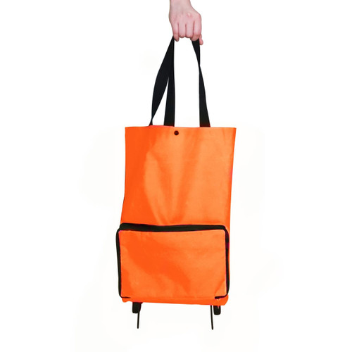 An orange collapsible shopping trolley bag with a black trim and dual handles, featuring a pocket on the front.