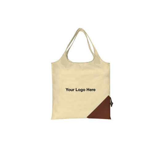 A foldaway shopping bag in cream and brown, featuring a logo area on the front.