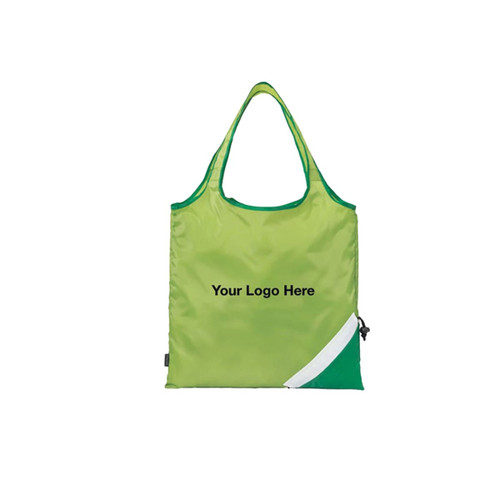 A green foldaway shopping bag with a contrasting darker green section and a logo space.