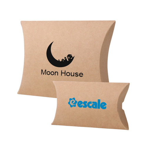 A small brown kraft pillow box, featuring two designs and logos, suitable for packaging items.