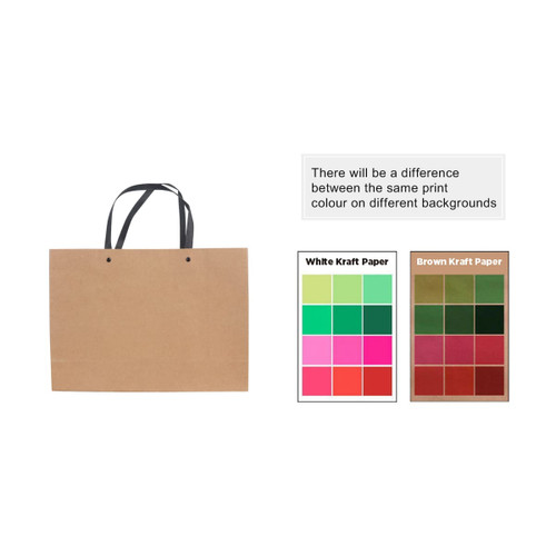 A large brown paper bag with knitted black handles, featuring a logo. Various colour swatches are displayed beside it.