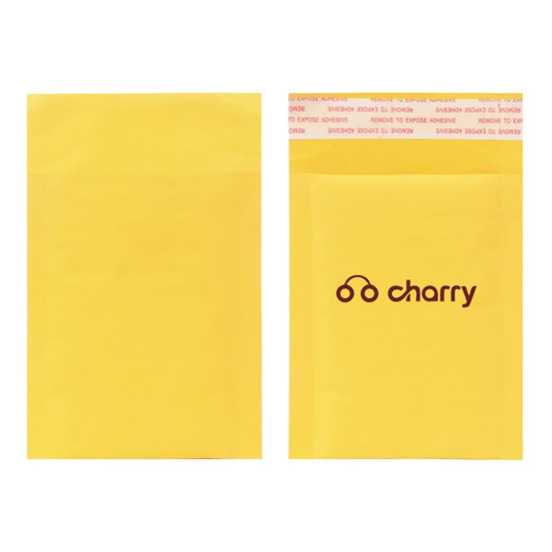 A medium padded bubble envelope in yellow, featuring a logo on one side.