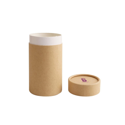 A small, cylindrical, brown paper box with a white interior and a matching lid, featuring a logo.