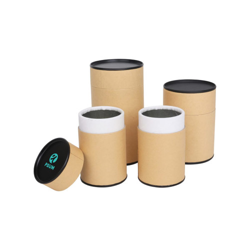 Medium kraft paper cylinders in various sizes with black lids, featuring a logo on one lid.
