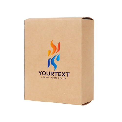 A small square gift box in brown kraft paper featuring a logo design. Dimensions are 100 x 130 x 50 mm.