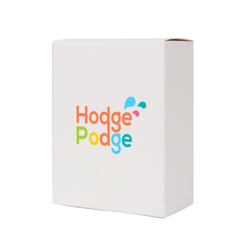 A small square gift box in white, featuring a multi-coloured logo. Dimensions: 100 x 130 x 50mm.