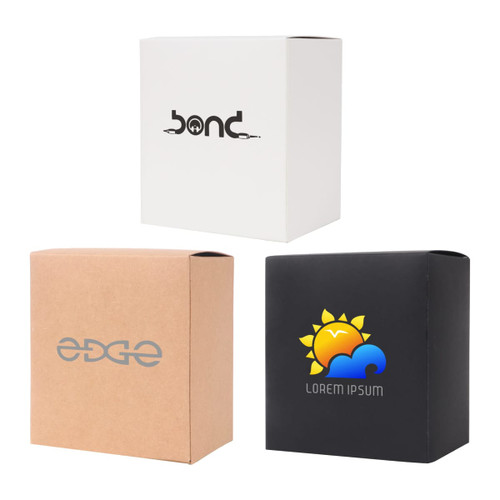 Three medium square gift boxes in white, kraft brown, and black with logos displayed on the coloured surfaces.