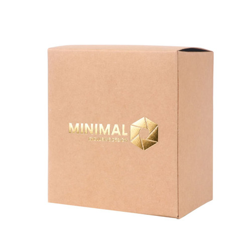 A medium square gift box in brown with a gold logo design, measuring 110 x 125 x 85mm.