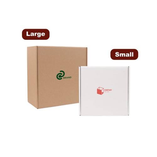 Two shipping boxes are displayed: a large brown box and a small white box with a logo.