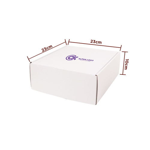 A large white shipping box with dimensions of 23cm x 23cm x 10cm, featuring a logo on the surface.
