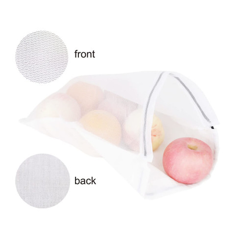 A white cotton mesh produce bag filled with apples, featuring a transparent design and visible branding.