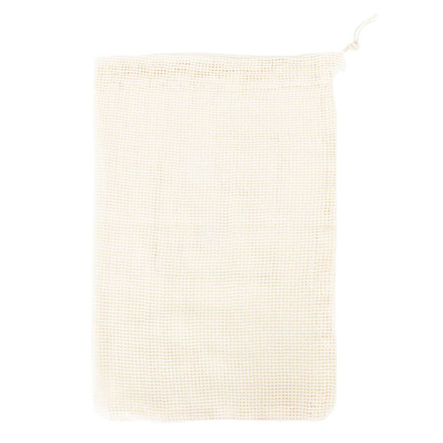 A cream-coloured organic cotton mesh bag with a drawstring closure, featuring a logo.