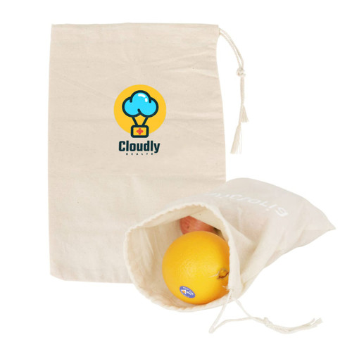 A small cotton produce bag in cream, with an illustrated logo, contained within are assorted fruits.
