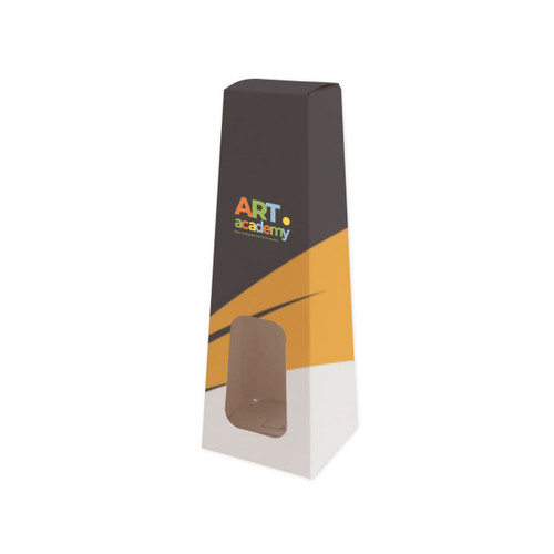 A trapezoidal packaging box in black, orange, and cream with a transparent view window and a branding logo.