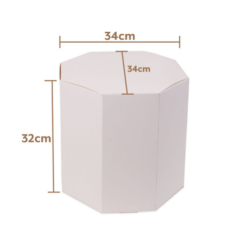 An octagonal hat box in white, measuring 34cm wide and 32cm high, featuring a subtle logo.