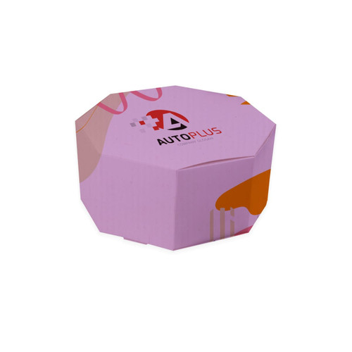 An octagonal Kraft box in shades of pink, featuring a logo on the surface. 